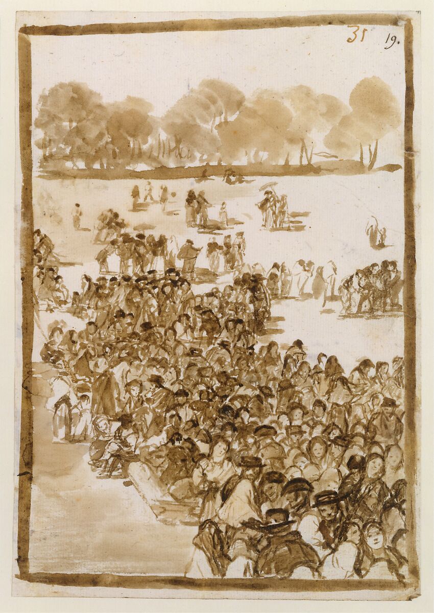 Crowd in a Park; page 31 from the "Images of Spain" album (F), Goya (Francisco de Goya y Lucientes) (Spanish, Fuendetodos 1746–1828 Bordeaux), Brush, bistre and brown ink wash, traces of black chalk