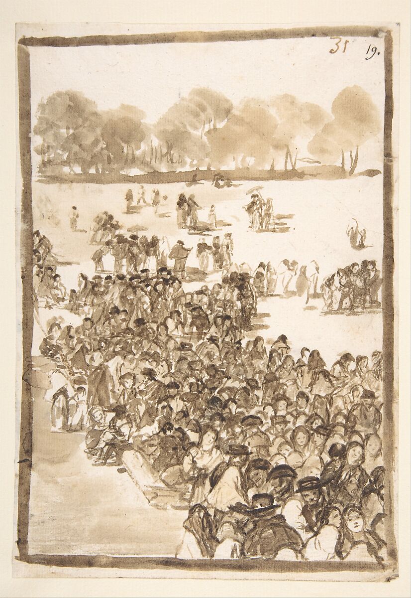 Crowd in a Park; page 31 from the "Images of Spain" album (F), Goya (Francisco de Goya y Lucientes) (Spanish, Fuendetodos 1746–1828 Bordeaux), Brush, bistre and brown ink wash, traces of black chalk on laid paper 