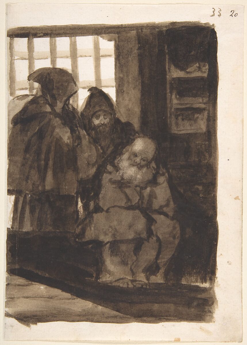 Monks in an interior (a cell?); page 33 from the "Images of Spain" Album (F), Goya (Francisco de Goya y Lucientes) (Spanish, Fuendetodos 1746–1828 Bordeaux), Brush and brown wash on laid paper 