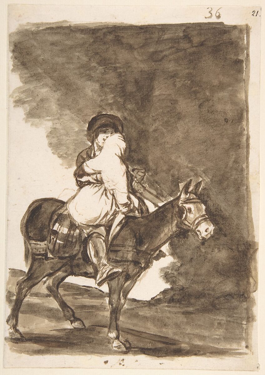 A man and a woman riding a mule; page 36 from the "Images of Spain" Album (F), Goya (Francisco de Goya y Lucientes) (Spanish, Fuendetodos 1746–1828 Bordeaux), Brush and point of brush, gray washes, over touches or red chalk, on laid paper 