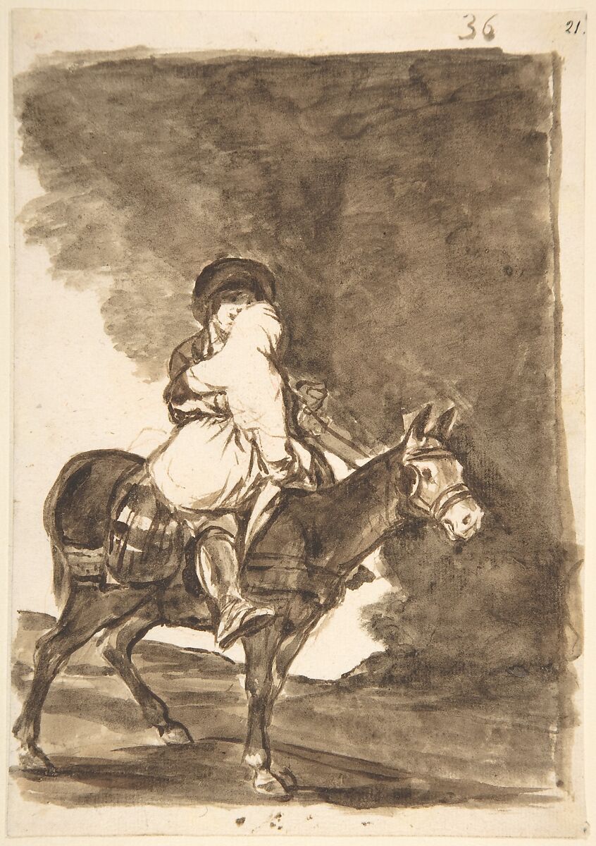 A man and a woman riding a mule; page 36 from the "Images of Spain" Album (F), Goya (Francisco de Goya y Lucientes) (Spanish, Fuendetodos 1746–1828 Bordeaux), Brush and point of brush, gray washes, over touches or red chalk