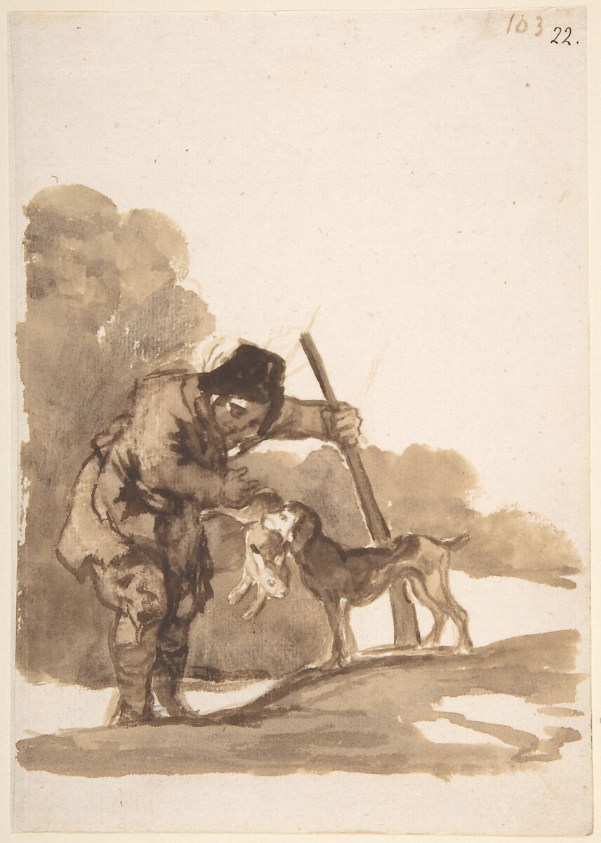 Rabbit hunter with a Retriever; folio 103 from the "Images of Spain" Album (F), Goya (Francisco de Goya y Lucientes) (Spanish, Fuendetodos 1746–1828 Bordeaux), Brush and brown wash on laid paper 