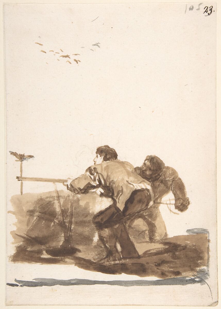 Men hunting; page 105 from the "Images of Spain" Album (F), Goya (Francisco de Goya y Lucientes) (Spanish, Fuendetodos 1746–1828 Bordeaux), Brush, brown and gray washes, traces of black chalk on laid paper 