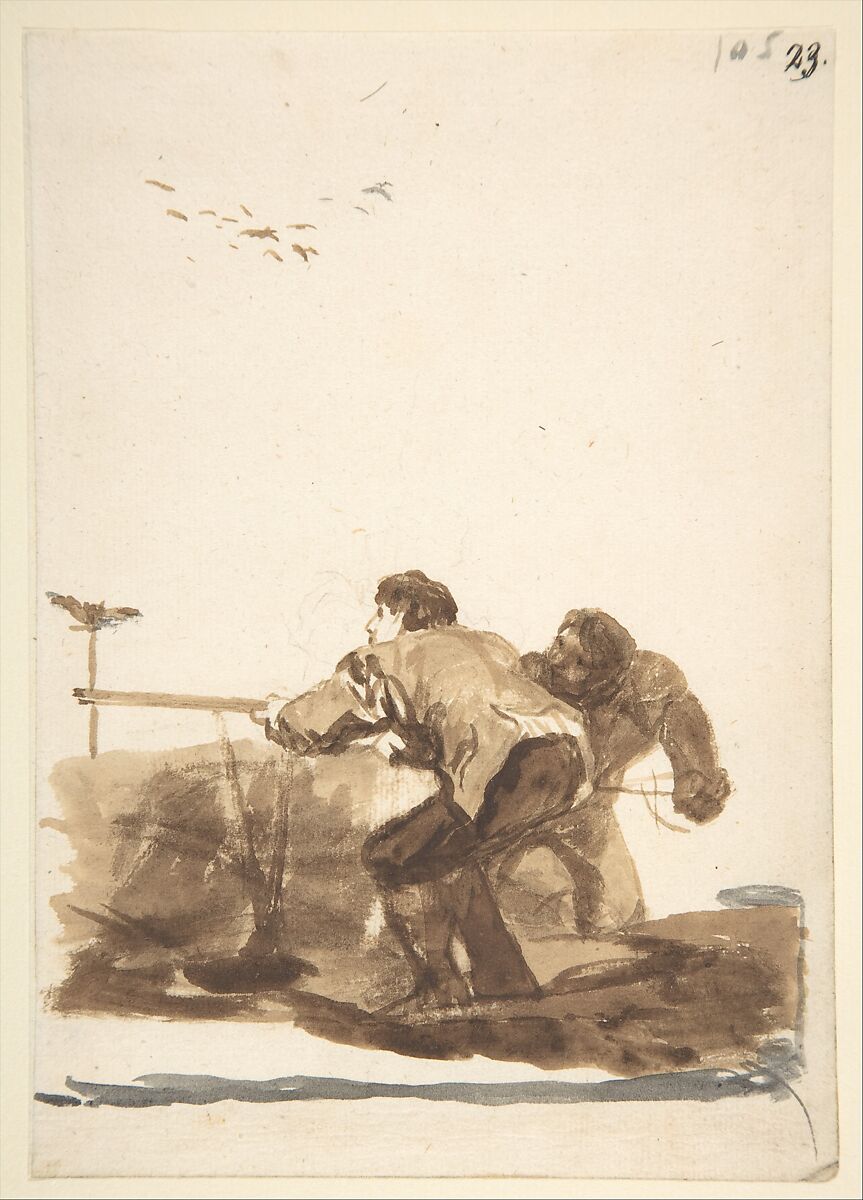 Men hunting; page 105 from the "Images of Spain" Album (F), Goya (Francisco de Goya y Lucientes) (Spanish, Fuendetodos 1746–1828 Bordeaux), Brush, brown and gray washes, traces of black chalk