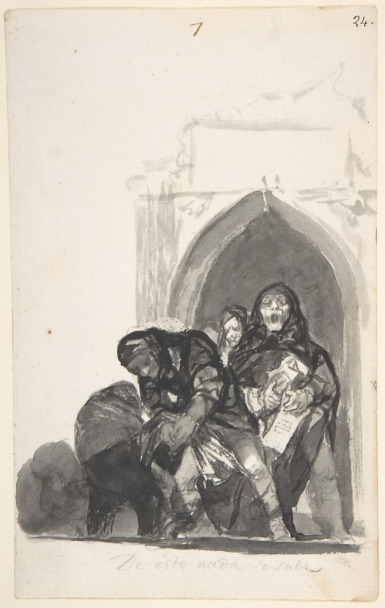 Nothing is Known of This; two figures picking up a body in front of a church, a monk singing next to them and another in the background; page 7 from the "Witches and Old Women" Album (D), Goya (Francisco de Goya y Lucientes) (Spanish, Fuendetodos 1746–1828 Bordeaux), Brush, carbon black and gray ink and wash, scraper, on laid paper 