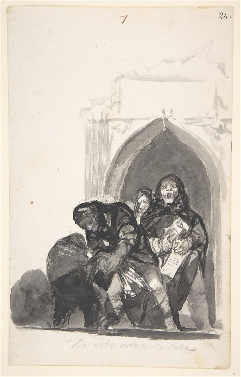 Nothing is Known of This; two figures picking up a body in front of a church, a monk singing next to them and another in the background; page 7 from the "Witches and Old Women" Album (D), Goya (Francisco de Goya y Lucientes) (Spanish, Fuendetodos 1746–1828 Bordeaux), Brush, carbon black and gray ink and wash, scraper