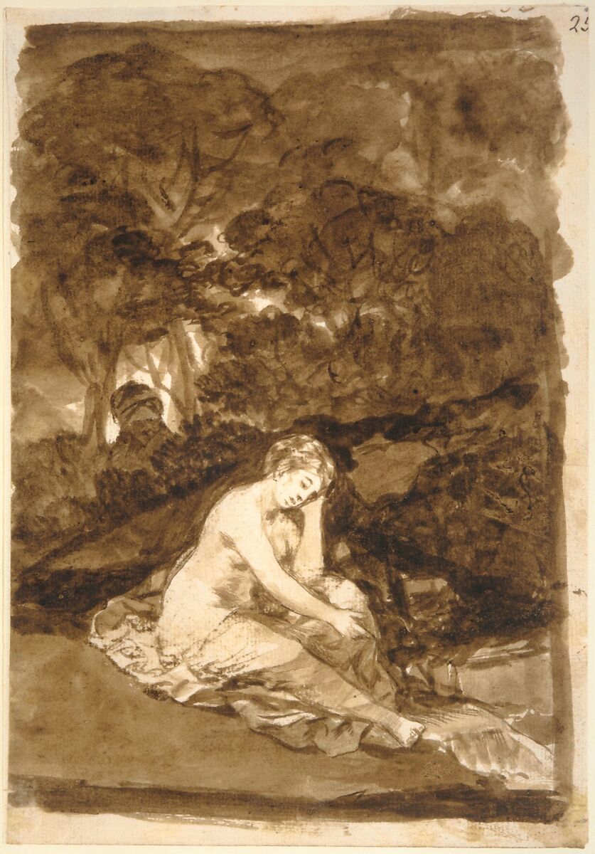 A partly naked woman seated by a stream; page 32 from the "Images of Spain" Album (F), Goya (Francisco de Goya y Lucientes) (Spanish, Fuendetodos 1746–1828 Bordeaux), Brush, bistre and wash, traces of red chalk