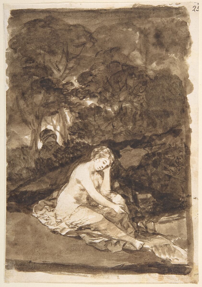 A partly naked woman seated by a stream; page 32 from the "Images of Spain" Album (F), Goya (Francisco de Goya y Lucientes) (Spanish, Fuendetodos 1746–1828 Bordeaux), Brush, bistre and wash, traces of red chalk, on laid paper 