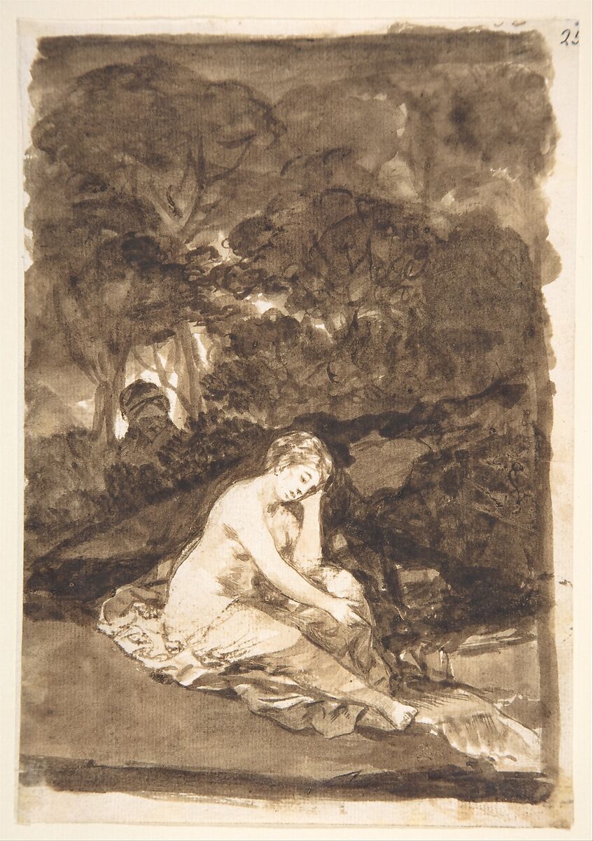 A partly naked woman seated by a stream; page 32 from the "Images of Spain" Album (F), Goya (Francisco de Goya y Lucientes) (Spanish, Fuendetodos 1746–1828 Bordeaux), Brush, bistre and wash, traces of red chalk