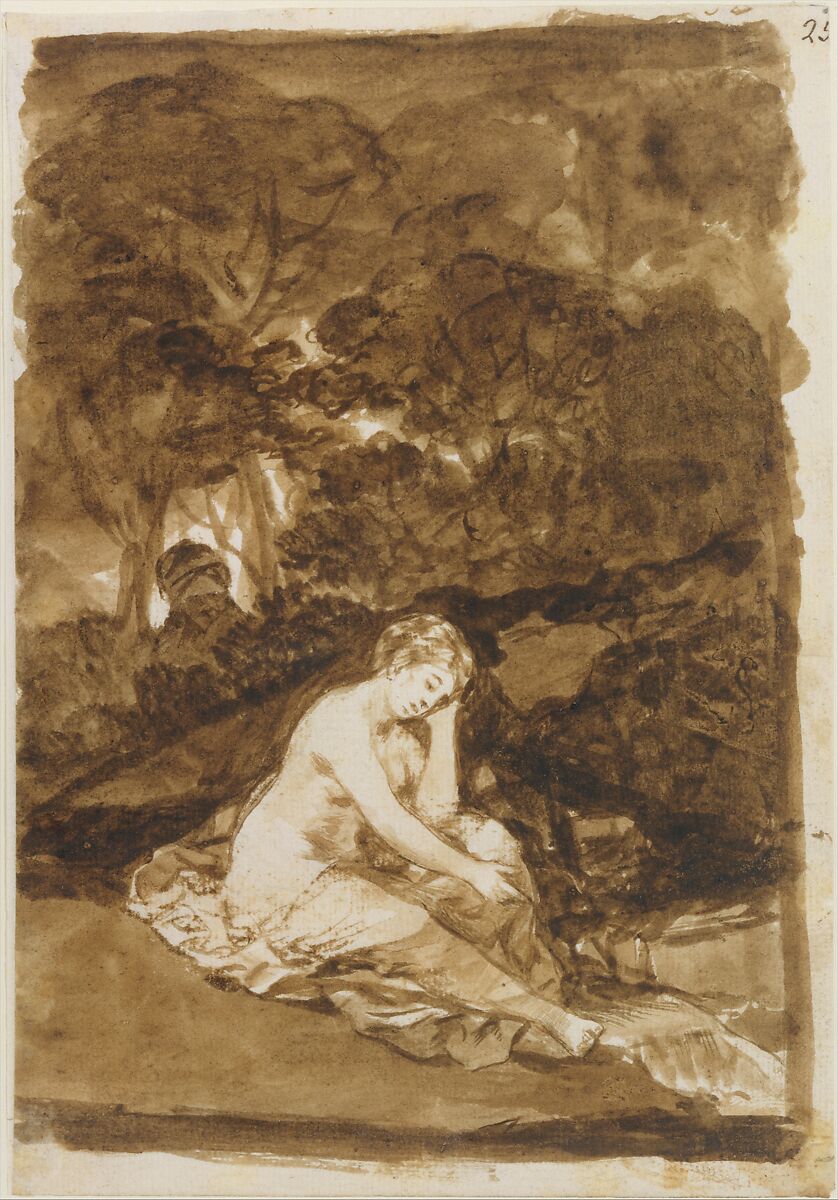 A partly naked woman seated by a stream; page 32 from the "Images of Spain" Album (F), Goya (Francisco de Goya y Lucientes) (Spanish, Fuendetodos 1746–1828 Bordeaux), Brush, bistre and wash, traces of red chalk