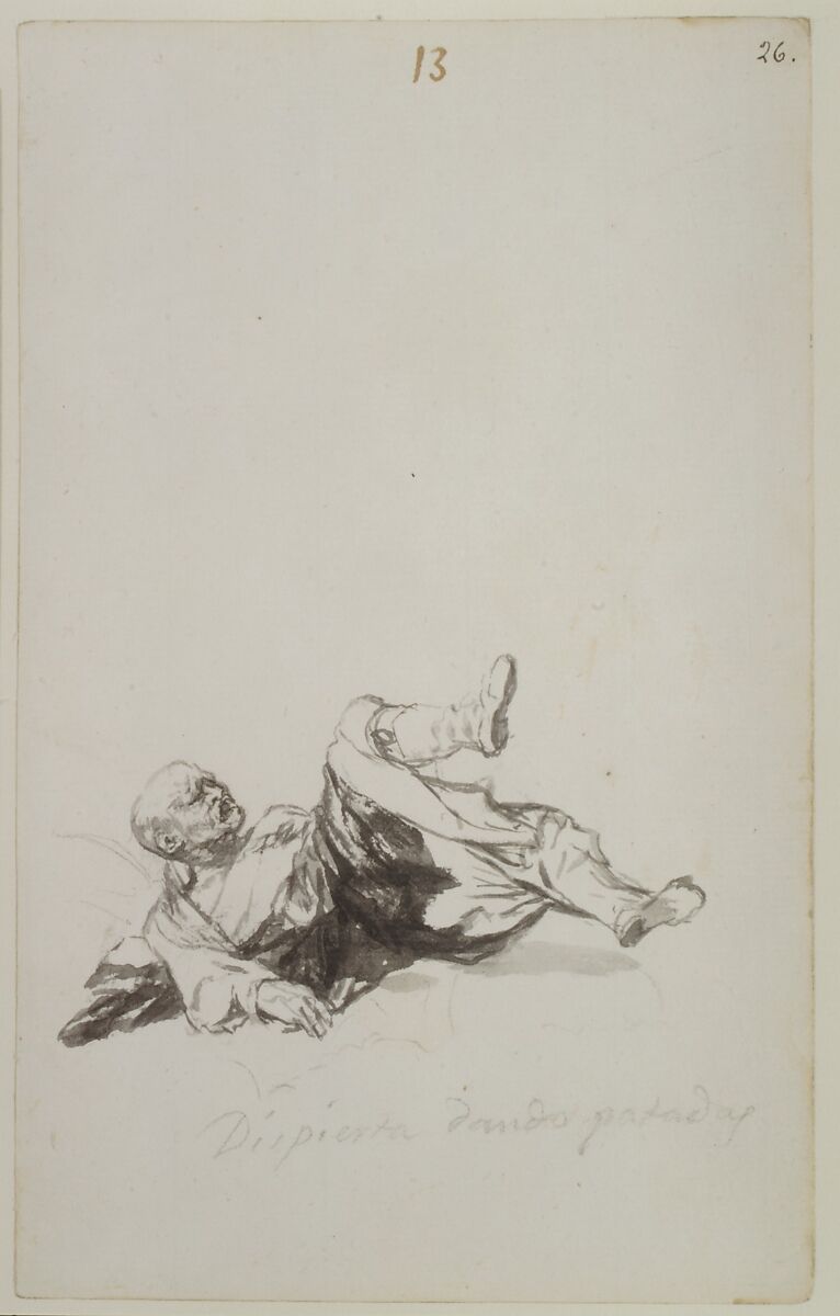 He Wakes Up Kicking; a man on the floor kicking his legs after waking from a nightmare; page 13 from the "Witches and Old Women" Album (D), Goya (Francisco de Goya y Lucientes) (Spanish, Fuendetodos 1746–1828 Bordeaux), Brush, carbon black and gray ink and wash, touches of black chalk, scraper