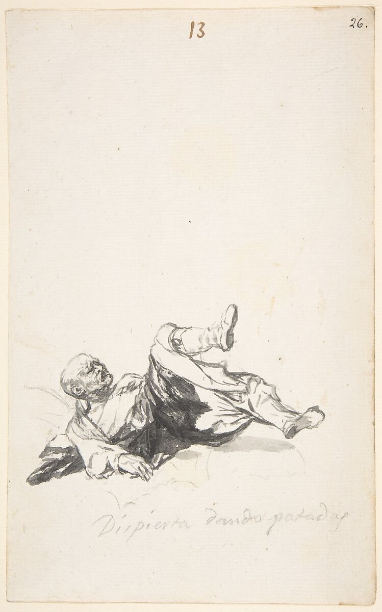 He Wakes Up Kicking; a man on the floor kicking his legs after waking from a nightmare; page 13 from the "Witches and Old Women" Album (D), Goya (Francisco de Goya y Lucientes) (Spanish, Fuendetodos 1746–1828 Bordeaux), Brush, carbon black and gray ink and wash, touches of black chalk, scraper, laid paper 