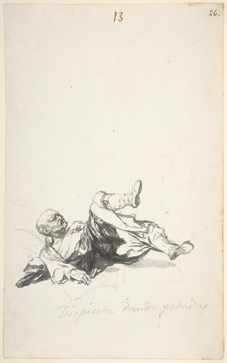 He Wakes Up Kicking; a man on the floor kicking his legs after waking from a nightmare; page 13 from the "Witches and Old Women" Album (D), Goya (Francisco de Goya y Lucientes) (Spanish, Fuendetodos 1746–1828 Bordeaux), Brush, carbon black and gray ink and wash, touches of black chalk, scraper