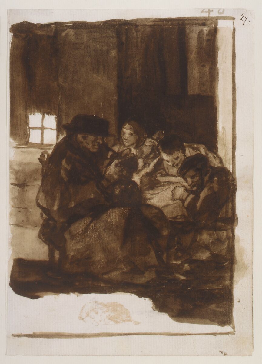 An old man delousing a boy accompanied by three figures, a cat in the foreground; page 40 from the "Images of Spain" Album (F), Goya (Francisco de Goya y Lucientes) (Spanish, Fuendetodos 1746–1828 Bordeaux), Brush, brown wash