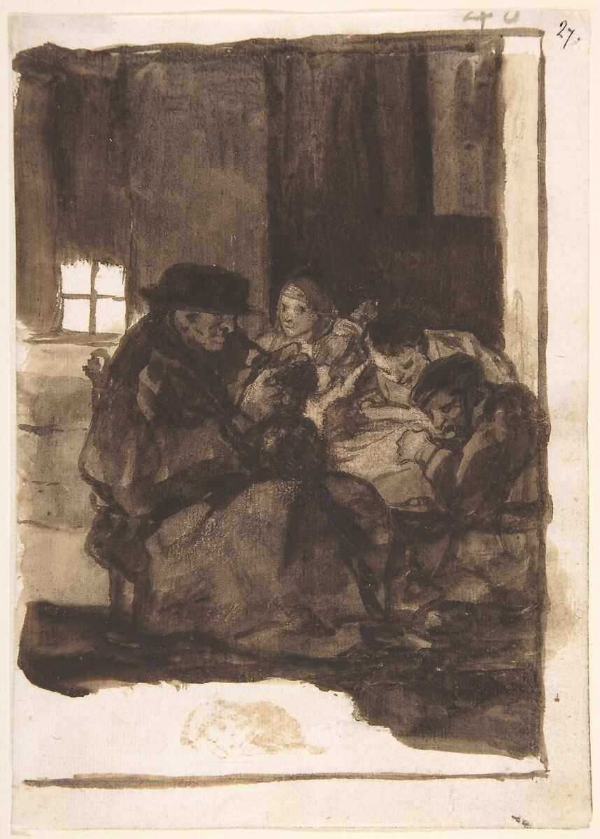 An old man delousing a boy accompanied by three figures, a cat in the foreground; page 40 from the "Images of Spain" Album (F), Goya (Francisco de Goya y Lucientes) (Spanish, Fuendetodos 1746–1828 Bordeaux), Brush, brown wash on laid paper 