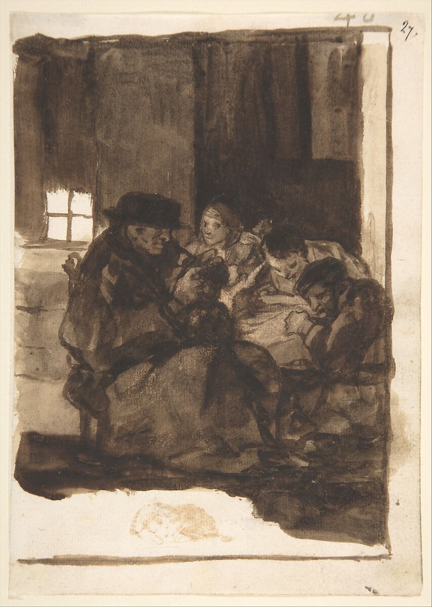 An old man delousing a boy accompanied by three figures, a cat in the foreground; page 40 from the "Images of Spain" Album (F), Goya (Francisco de Goya y Lucientes) (Spanish, Fuendetodos 1746–1828 Bordeaux), Brush, brown wash