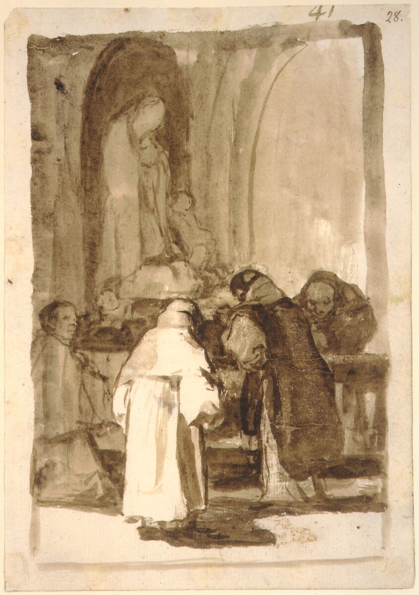 Figures inside a church; page 41 from the "Images of Spain" Album (F), Goya (Francisco de Goya y Lucientes) (Spanish, Fuendetodos 1746–1828 Bordeaux), Brush and gray and brown wash, with scraping