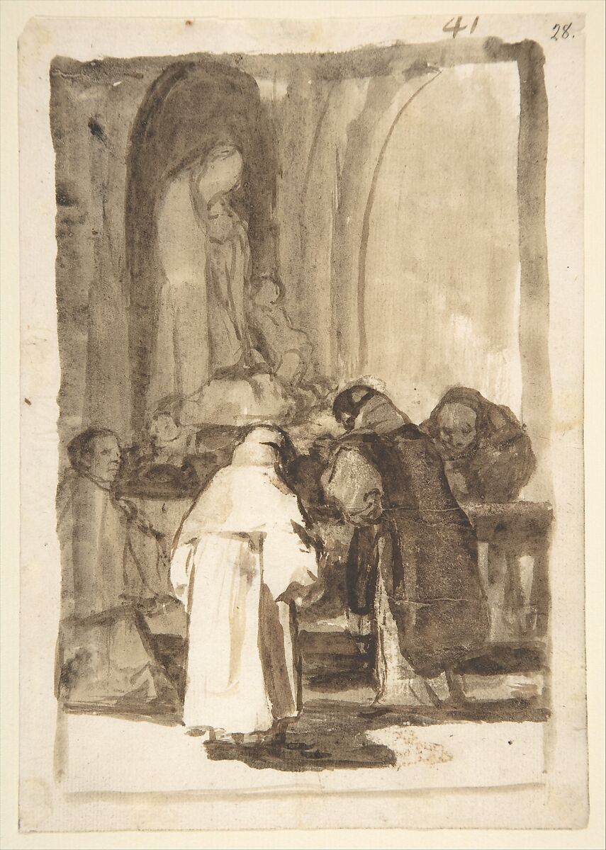 Figures inside a church; page 41 from the "Images of Spain" Album (F), Goya (Francisco de Goya y Lucientes) (Spanish, Fuendetodos 1746–1828 Bordeaux), Brush, gray and brown wash, with scraping on laid paper 