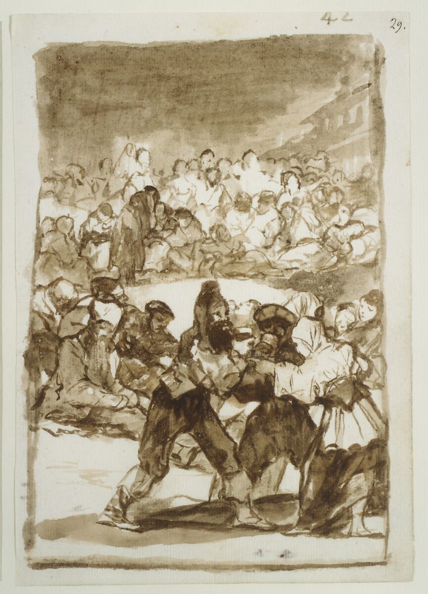 A crowd forming a circle; page 42 from the "Images of Spain" album (F), Goya (Francisco de Goya y Lucientes) (Spanish, Fuendetodos 1746–1828 Bordeaux), Brush, brown ink washes, traces of black chalk