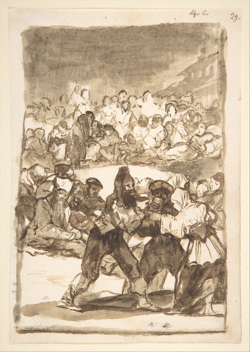 A crowd forming a circle; page 42 from the "Images of Spain" album (F), Goya (Francisco de Goya y Lucientes) (Spanish, Fuendetodos 1746–1828 Bordeaux), Brush, brown ink washes, traces of black chalk, on laid paper 