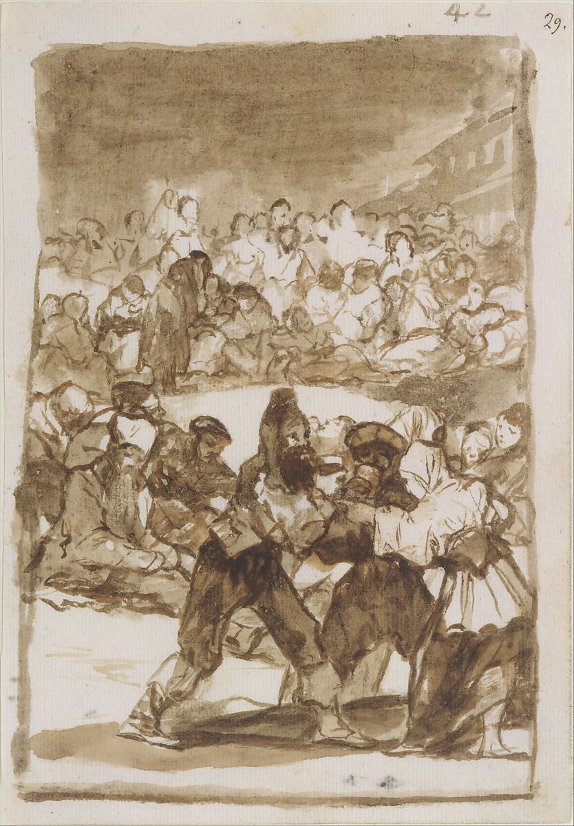 A crowd forming a circle; page 42 from the "Images of Spain" album (F), Goya (Francisco de Goya y Lucientes) (Spanish, Fuendetodos 1746–1828 Bordeaux), Brush, brown ink washes, traces of black chalk