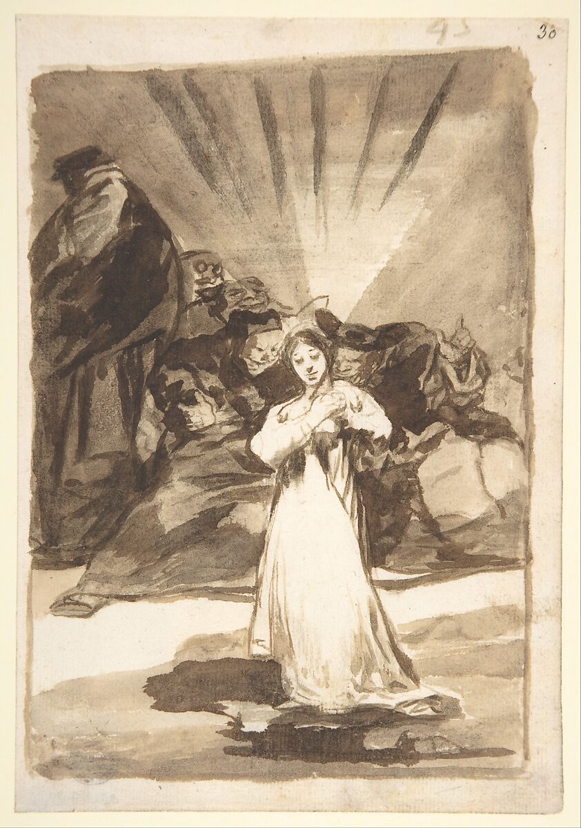 A radiant female figure beset by dark spirits; page 45 from the "Images of Spain" Album (F), Goya (Francisco de Goya y Lucientes) (Spanish, Fuendetodos 1746–1828 Bordeaux), Brush and point of brush, brown and gray washes, over touches or chalk, on laid paper 