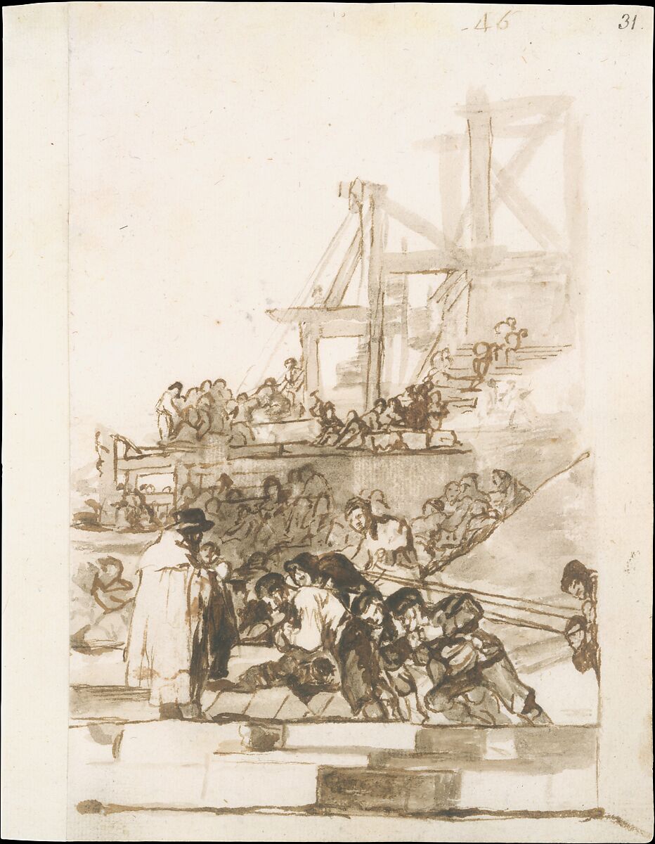 Construction; page 46, from "Images of Spain" Album (F), Goya (Francisco de Goya y Lucientes) (Spanish, Fuendetodos 1746–1828 Bordeaux), Brush and gray-brown and irongall wash, with scraping
