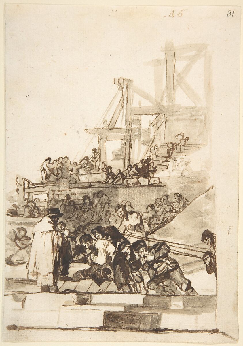 Construction; page 46, from "Images of Spain" Album (F), Goya (Francisco de Goya y Lucientes) (Spanish, Fuendetodos 1746–1828 Bordeaux), Brush and gray-brown and irongall wash, with scraping on laid paper 