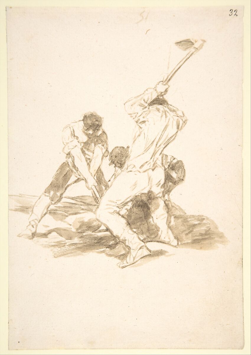 Three men digging; folio 51 from the "Images of Spain" Album (F), Goya (Francisco de Goya y Lucientes) (Spanish, Fuendetodos 1746–1828 Bordeaux), Brush with brown and gray-brown wash on laid paper 