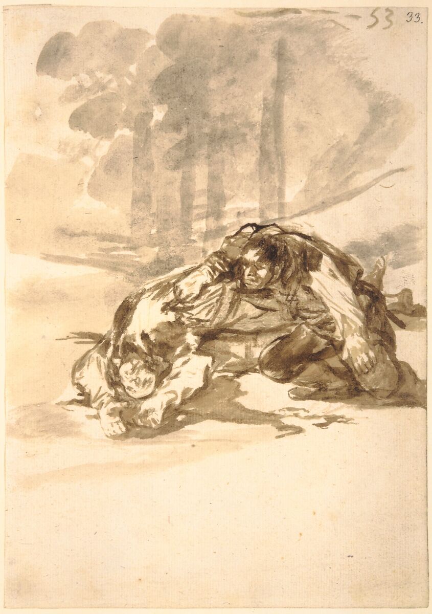 A man stabbing another; folio 53 from the "Images of Spain" Album (F), Goya (Francisco de Goya y Lucientes) (Spanish, Fuendetodos 1746–1828 Bordeaux), Brush and gray and brown washes