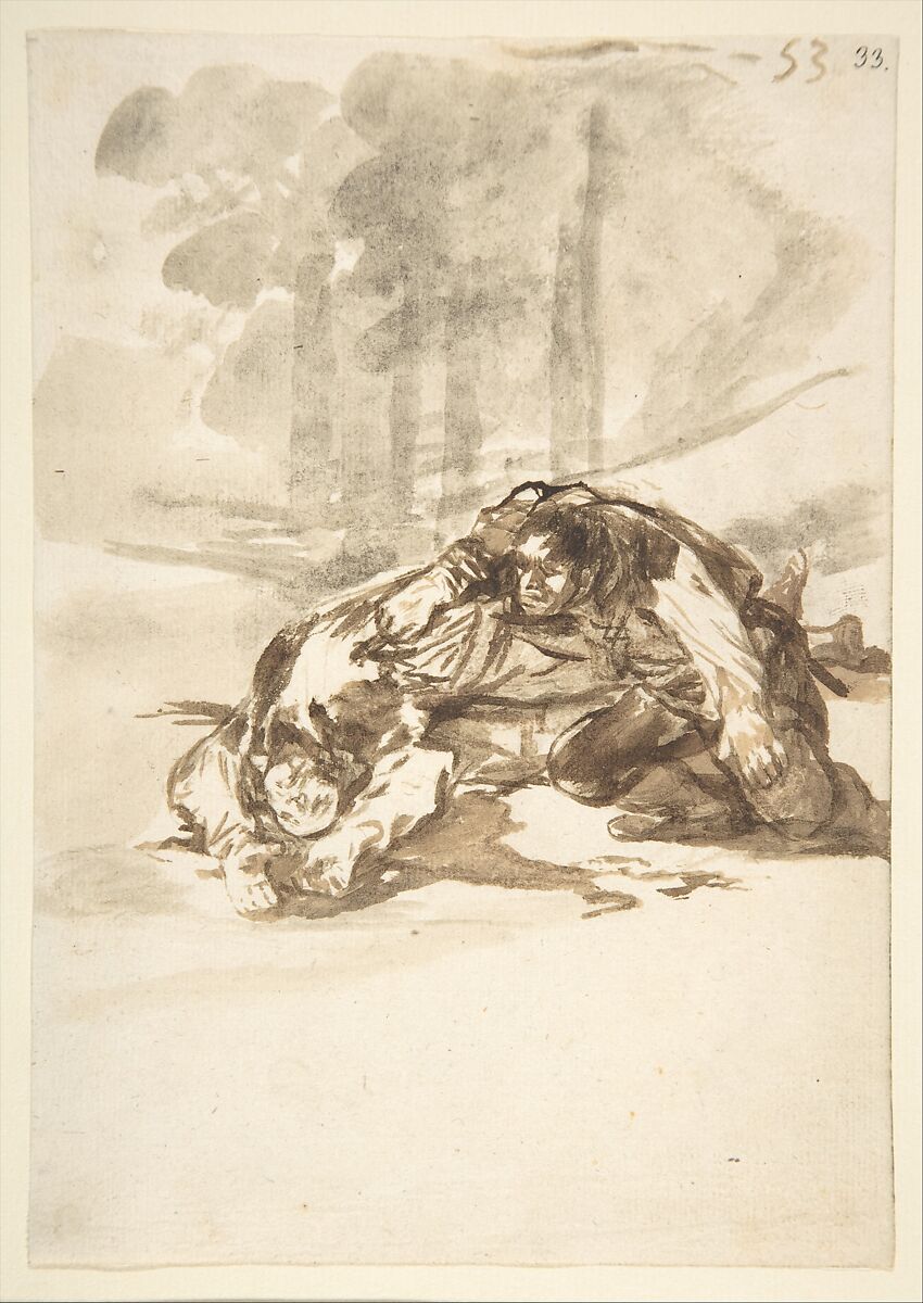 A man stabbing another; folio 53 from the "Images of Spain" Album (F), Goya (Francisco de Goya y Lucientes) (Spanish, Fuendetodos 1746–1828 Bordeaux), Brush and gray and brown washes on laid paper 