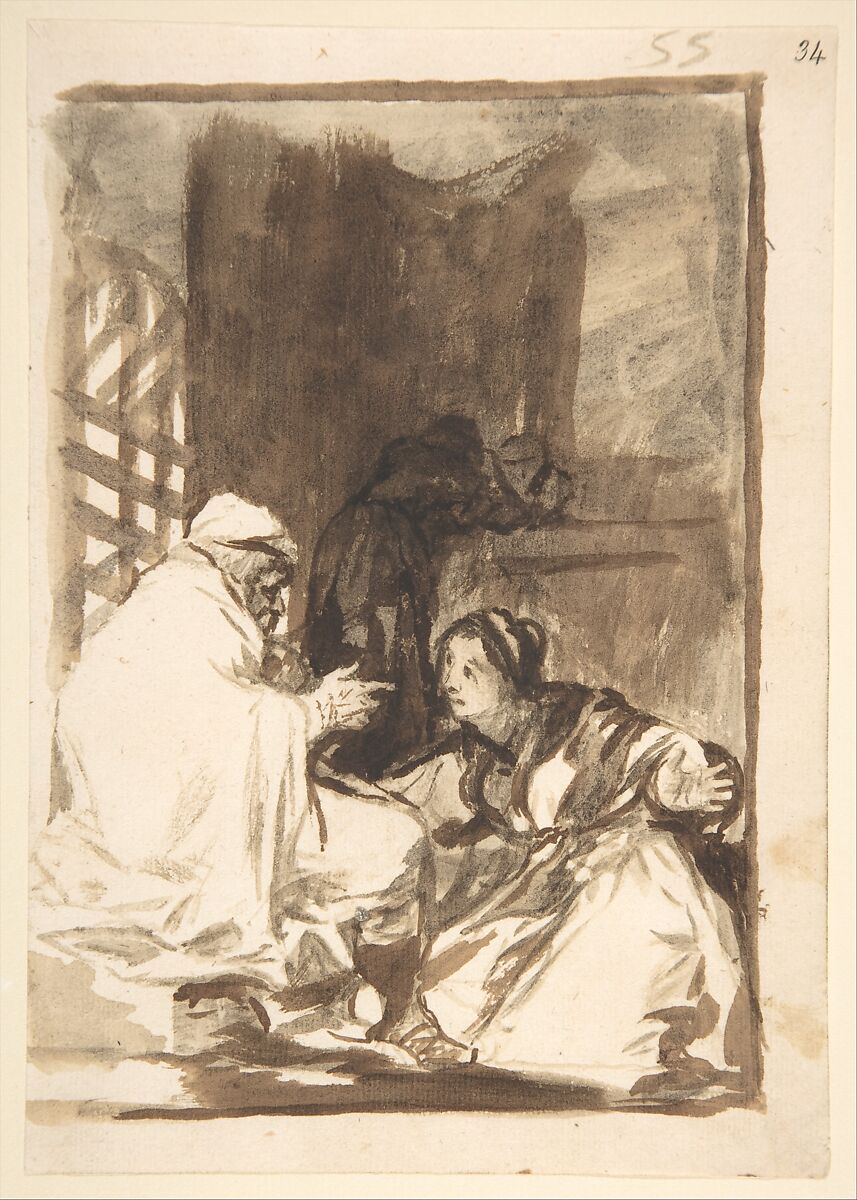 A woman kneeling before an old man; page 55 from the "Images of Spain" Album (F), Goya (Francisco de Goya y Lucientes) (Spanish, Fuendetodos 1746–1828 Bordeaux), Brush and point of brush, brown ink and gray chalk-and-ink washes, on laid paper 