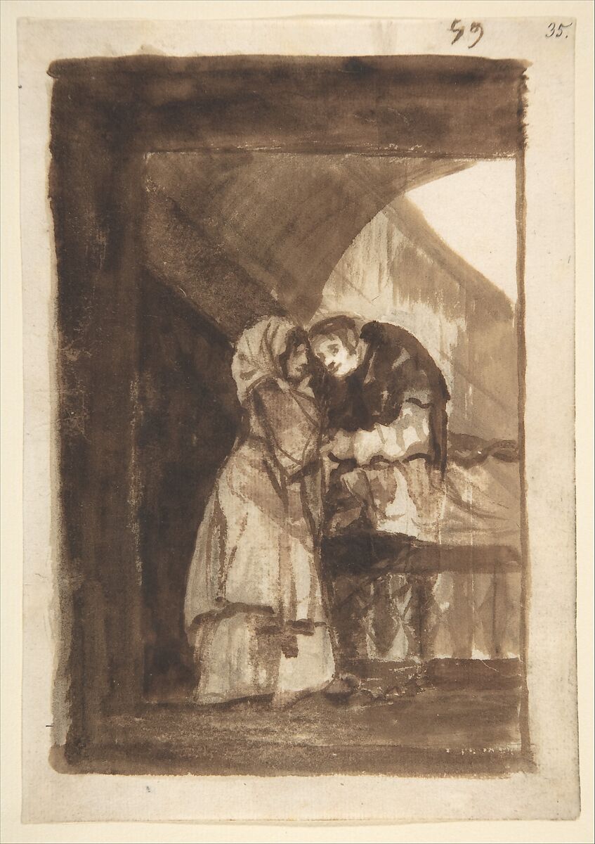 A woman talking to a priest in a covered archway; folio 59 from the "Images of Spain" Album (F), Goya (Francisco de Goya y Lucientes) (Spanish, Fuendetodos 1746–1828 Bordeaux), Brush and brown wash on laid paper 