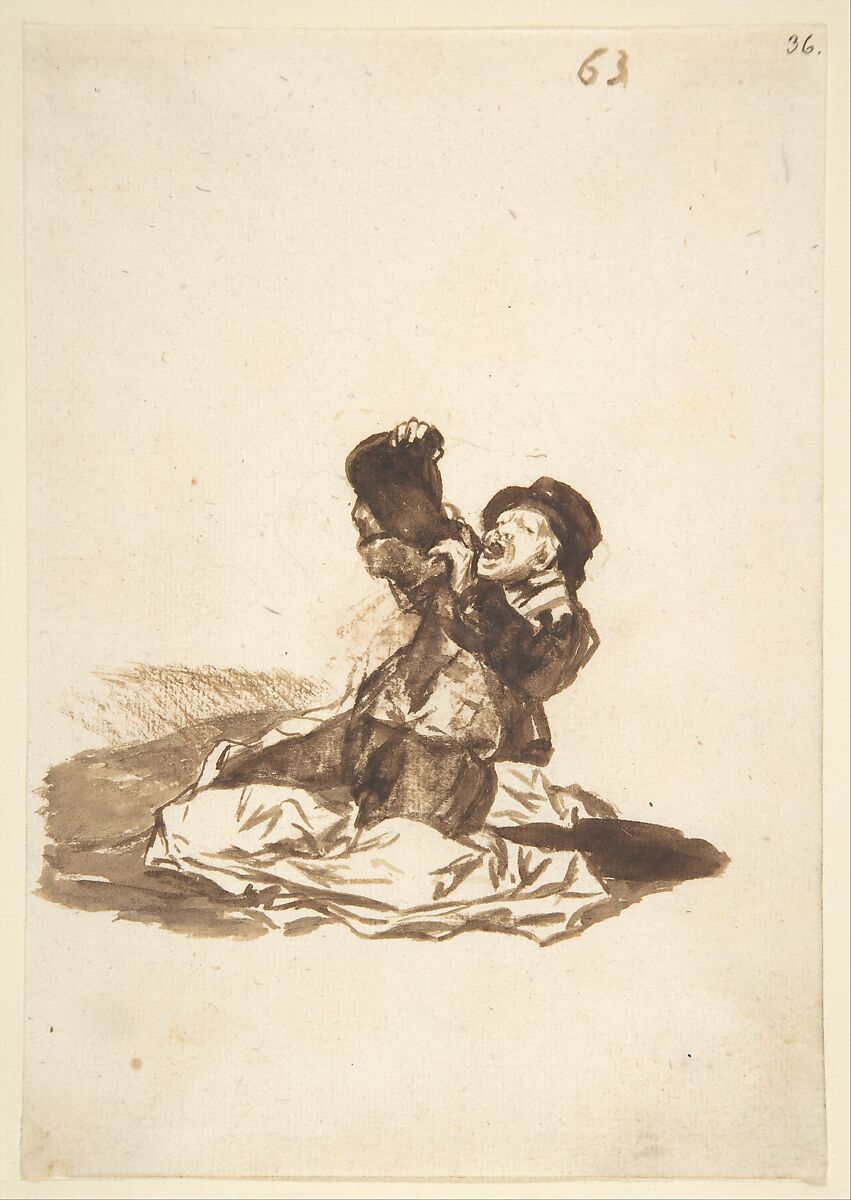 A man on the ground drinking from a wine skin; folio 63 from the "Images of Spain" Album (F), Goya (Francisco de Goya y Lucientes) (Spanish, Fuendetodos 1746–1828 Bordeaux), Brush and brown wash over traces of black chalk, on laid paper 