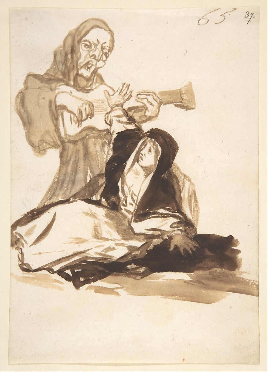 A nun frightened by a ghost playing a guitar; page 65 from the "Images of Spain" Album (F), Goya (Francisco de Goya y Lucientes)  Spanish, Brush and point of brush, brown ink washes, black chalk, on laid paper