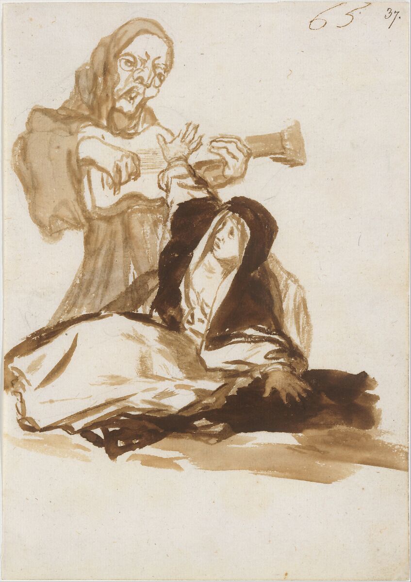 A nun frightened by a ghost playing a guitar; page 65 from the "Images of Spain" Album (F), Goya (Francisco de Goya y Lucientes) (Spanish, Fuendetodos 1746–1828 Bordeaux), Brush and point of brush, brown ink washes, black chalk