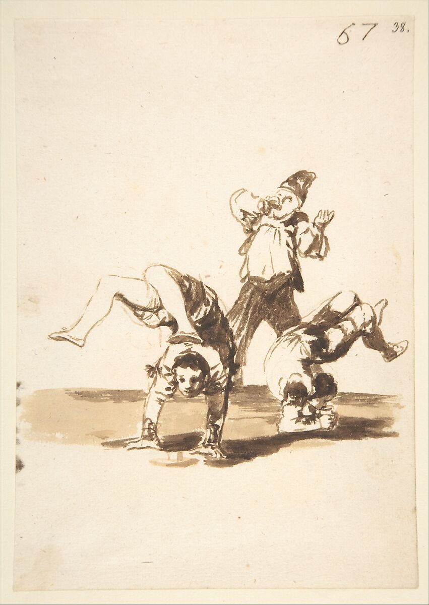 Three acrobats; page 67 from the "Images of Spain" Album (F), Goya (Francisco de Goya y Lucientes) (Spanish, Fuendetodos 1746–1828 Bordeaux), Brush and point of brush, brown ink washes, traces of red and black chalk, on laid paper 