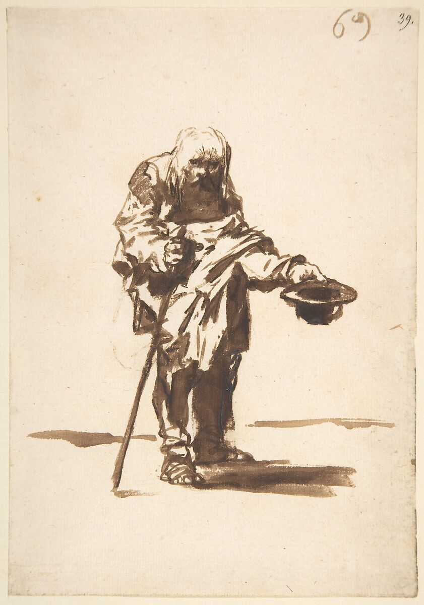 Beggar with a staff in his right hand; folio 69 from the "Images of Spain" Album (F), Goya (Francisco de Goya y Lucientes) (Spanish, Fuendetodos 1746–1828 Bordeaux), Brush and brown wash on laid paper 