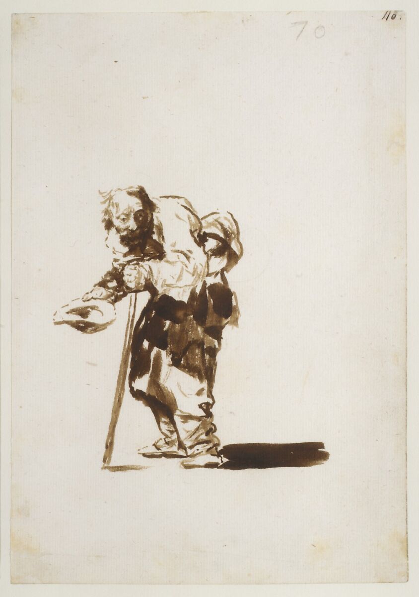 Beggar with a staff in his left hand; folio 70 from the "Images of Spain" Album (F), Goya (Francisco de Goya y Lucientes) (Spanish, Fuendetodos 1746–1828 Bordeaux), Brush and brown wash