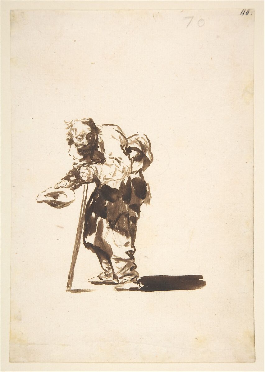 Beggar with a staff in his left hand; folio 70 from the "Images of Spain" Album (F), Goya (Francisco de Goya y Lucientes) (Spanish, Fuendetodos 1746–1828 Bordeaux), Brush and brown wash on laid paper 