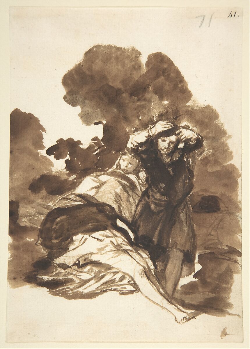 Figures waking from sleep (?); page 71 from the "Images of Spain" Album (F), Goya (Francisco de Goya y Lucientes) (Spanish, Fuendetodos 1746–1828 Bordeaux), Brush, brown wash, touches of black chalk on laid paper 