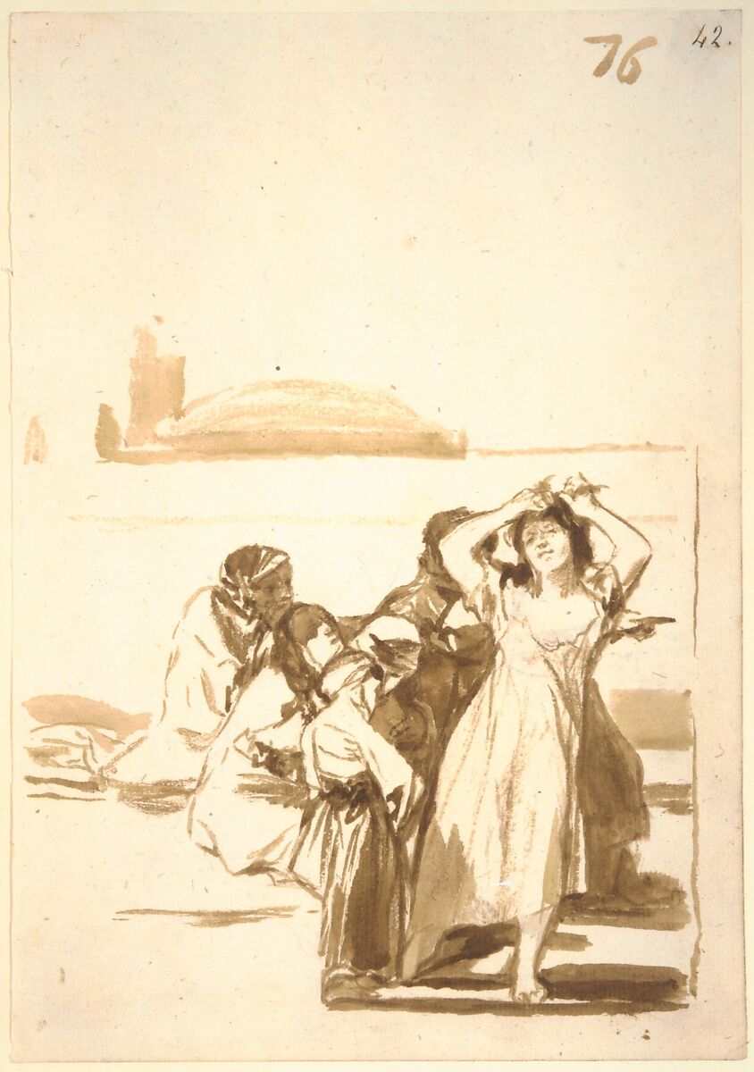 A woman pulling at her hair accompanied by a group of figures; page 76 from the "Images of Spain" Album (F), Goya (Francisco de Goya y Lucientes) (Spanish, Fuendetodos 1746–1828 Bordeaux), Brush, brown ink washes, traces of black chalk