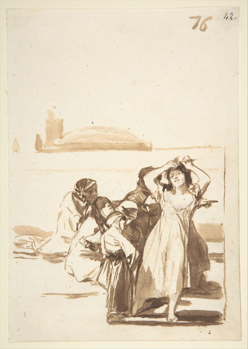A woman pulling at her hair accompanied by a group of figures; page 76 from the "Images of Spain" Album (F), Goya (Francisco de Goya y Lucientes) (Spanish, Fuendetodos 1746–1828 Bordeaux), Brush, brown ink washes, traces of black chalk on laid paper 