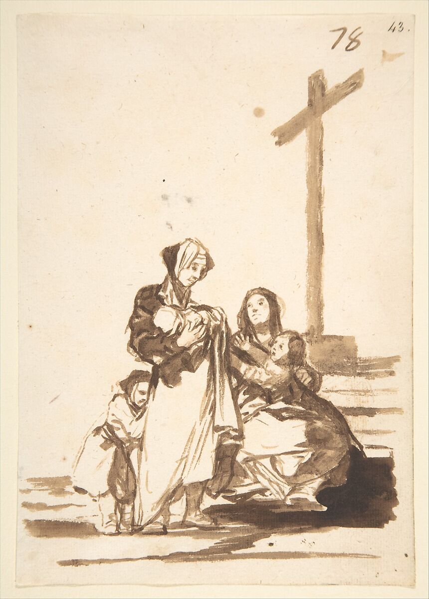 Women and children near a cross; folio 78 from the "Images of Spain" Album (F), Goya (Francisco de Goya y Lucientes) (Spanish, Fuendetodos 1746–1828 Bordeaux), Brush and brown wash on laid paper 