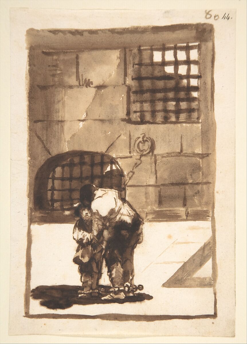 Prisoners in irons; page 80 from the "Images of Spain" Album (F), Goya (Francisco de Goya y Lucientes) (Spanish, Fuendetodos 1746–1828 Bordeaux), Brush, brown ink washes, over touche of black chalk on laid paper 