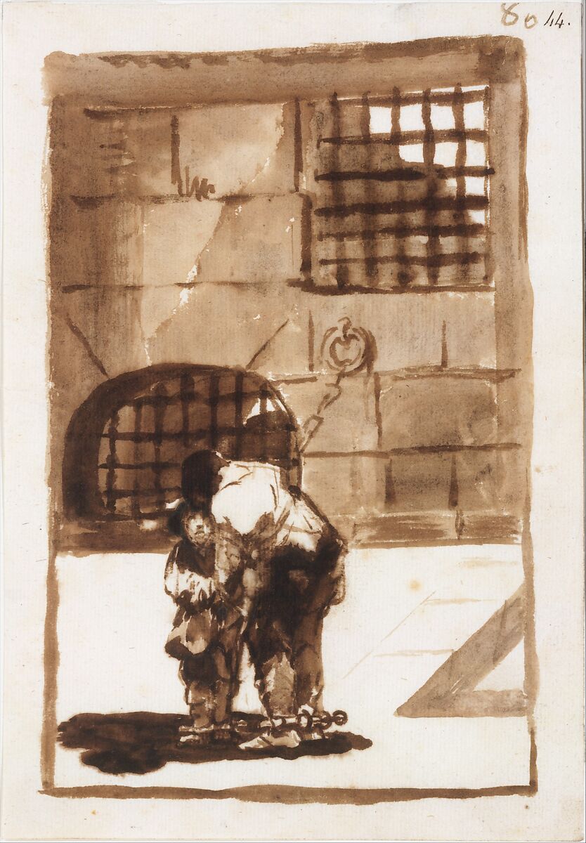 Prisoners in irons; page 80 from the "Images of Spain" Album (F), Goya (Francisco de Goya y Lucientes) (Spanish, Fuendetodos 1746–1828 Bordeaux), Brush, brown ink washes, over touche of black chalk