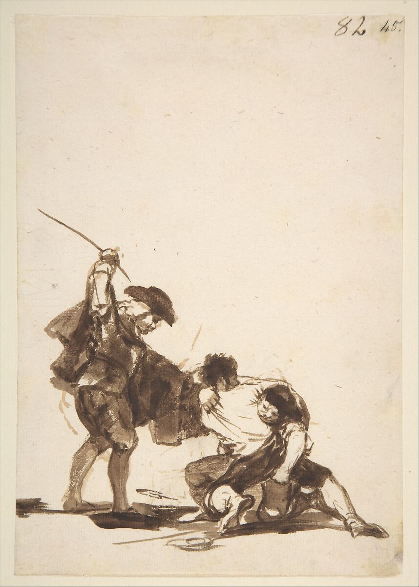 A man breaking up a fight; page 82 from the "Images of Spain" Album (F), Goya (Francisco de Goya y Lucientes) (Spanish, Fuendetodos 1746–1828 Bordeaux), Brush, brown ink washes, touches of black chalk, on laid paper 