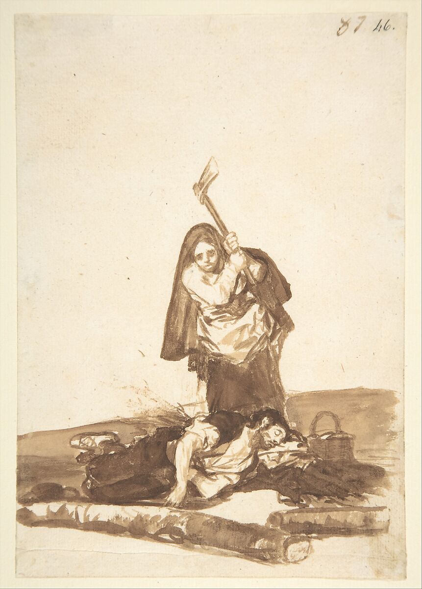 A woman attacking a sleeping man; page 87 from the "Images of Spain" Album (F), Goya (Francisco de Goya y Lucientes) (Spanish, Fuendetodos 1746–1828 Bordeaux), Brush, brown ink washes, traces of black chalk, on laid paper 