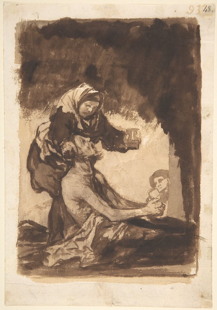 A woman giving a mug to an old man; folio 93 from the "Images of Spain" Album (F), Goya (Francisco de Goya y Lucientes) (Spanish, Fuendetodos 1746–1828 Bordeaux), Brush, brown ink washes and scraping, touches of black chalk, on laid paper 