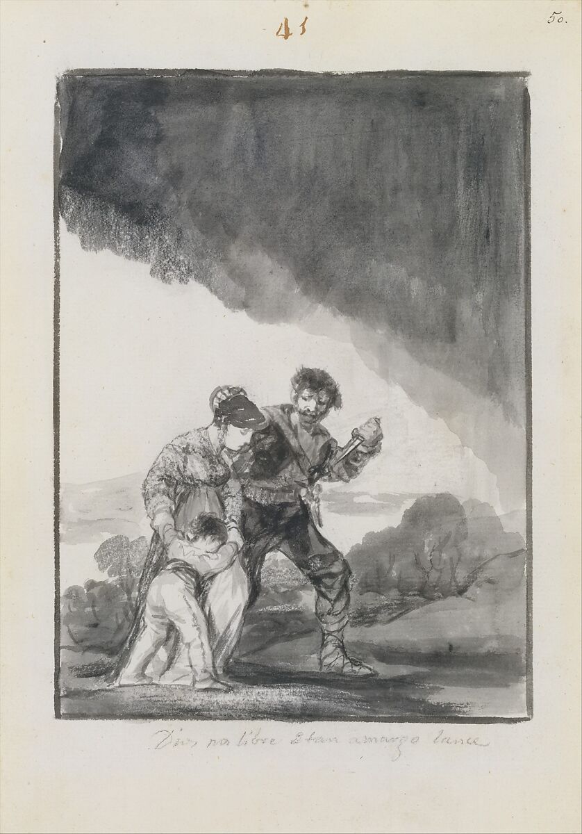 God save us from such a bitter fate; a bandit threatening a woman and a child with a knife, page 41 from the "Black Border Album" (E), Goya (Francisco de Goya y Lucientes) (Spanish, Fuendetodos 1746–1828 Bordeaux), Brush, carbon black gray ink and was, scraper
